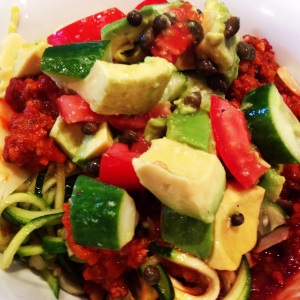 The Shrinking Hubby's Bolognese with Zucchini Noodles topped with Caper and Avocado Salsa